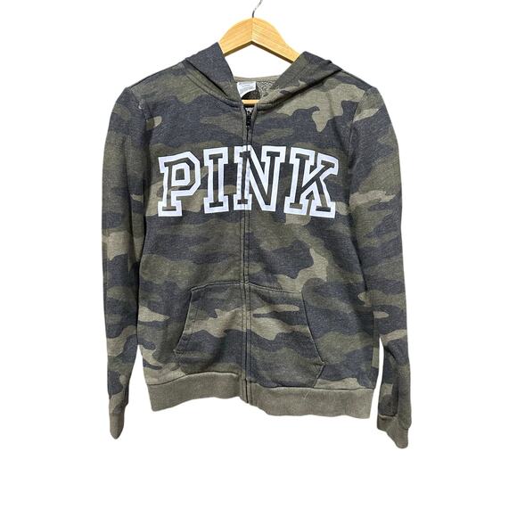 Victoria's Secret Pink Sweaters - Pink Victorias Secret Hoodie Full Zip Green Camouflage Pink Logo M Crop Fitted